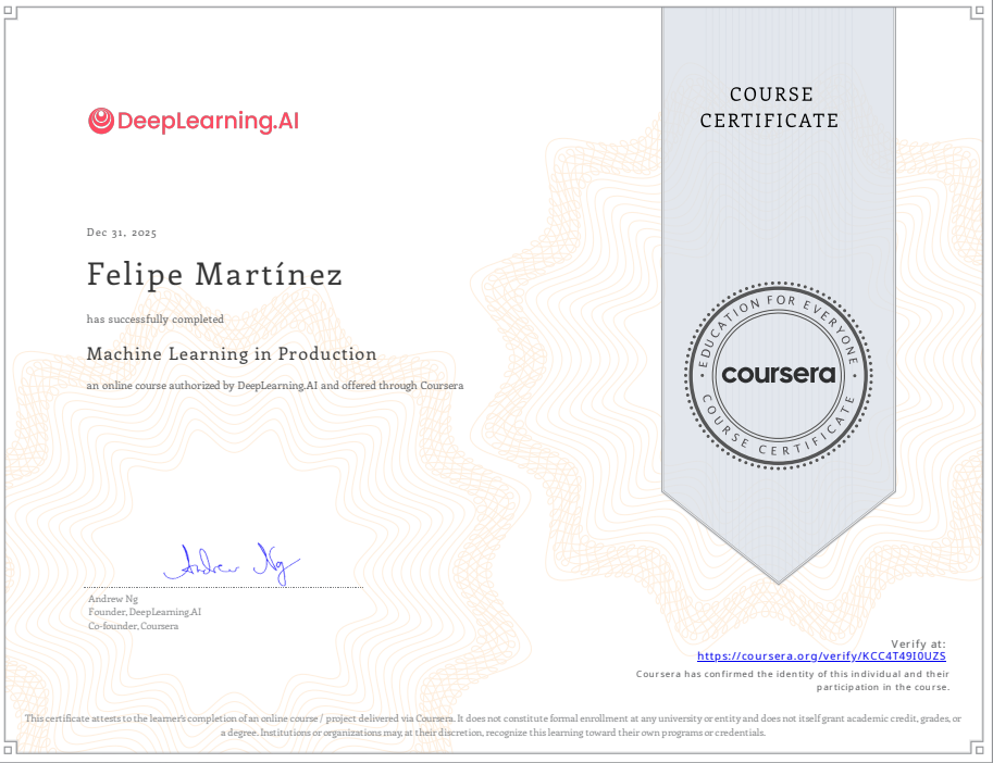 Machine Learning in Production Certificate